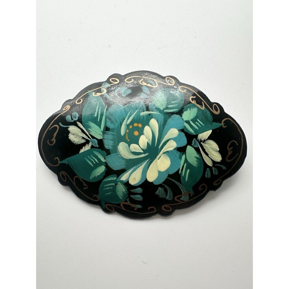 Vintage Russian Hand Painted Floral Brooch Black Lacquer